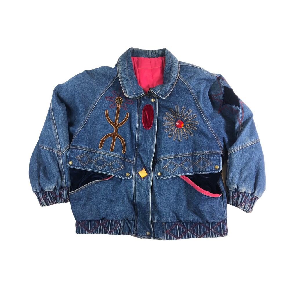 Vintage 80s 90s IZZI Boho Embroidery Embellished Velvet Denim Insulated Jacket M